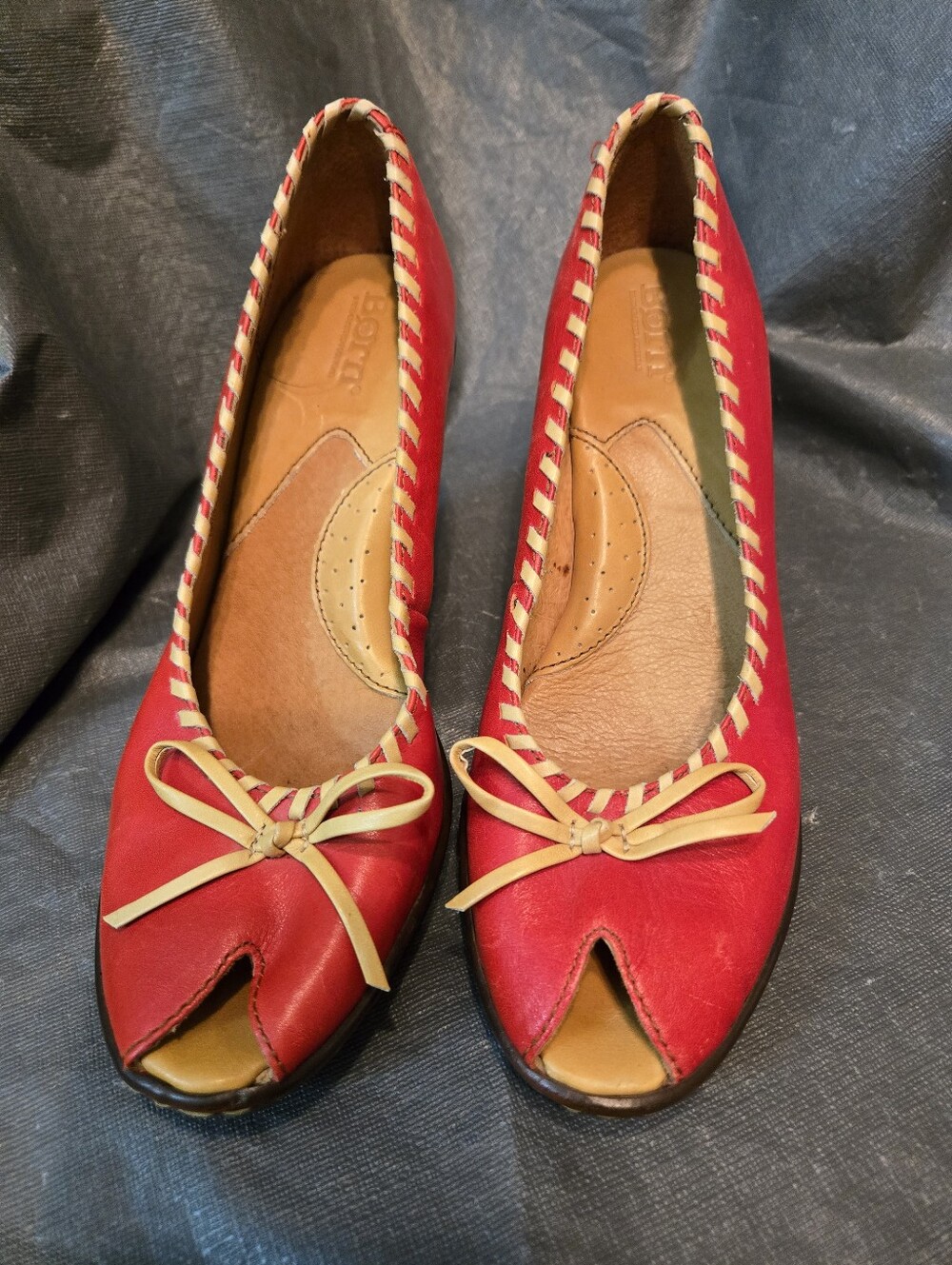 Born Women’s Red Peep-Toe Heels with Tan Trim